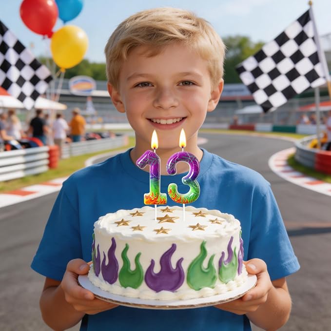 Number 3 Birthday Candle for Cake – Purple Green Flame Design with Lightning & Tire Track Pattern – Off-Road Truck Theme Cake Topper for Birthday Party Decoration