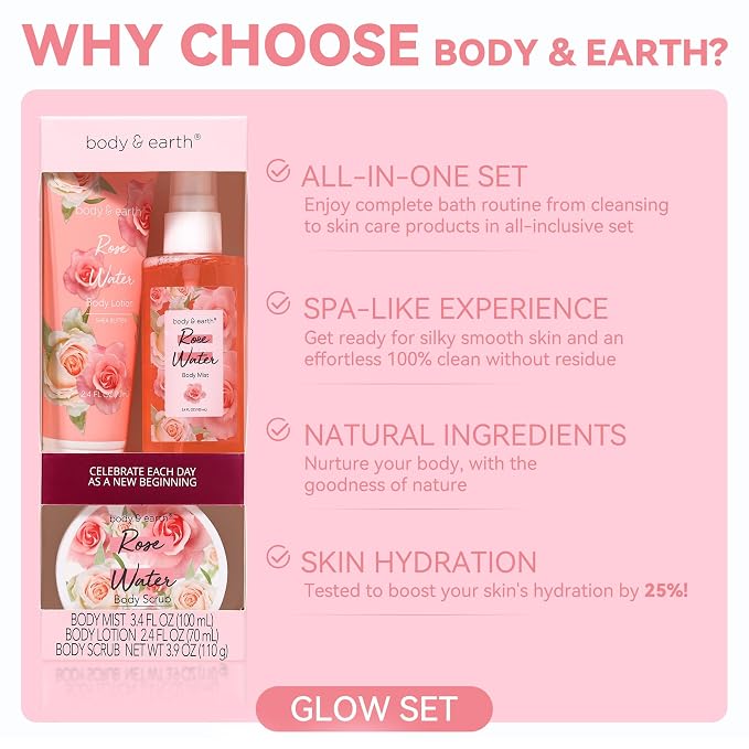 BODY & EARTH Gift Set - Spa Sets for Women, Perfume, Body Lotion, and Scrub in a Rose Water Box - Perfect Birthday Gifts for Mom Girlfriend Her