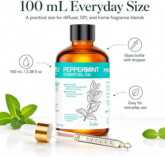 Peppermint Essential Oil 3.38 fl oz, Mint Essential Oil with Dropper for Diffuser, Hair Care, Skin Care, Massage, Cleaning, Candle Making and Soap Making
