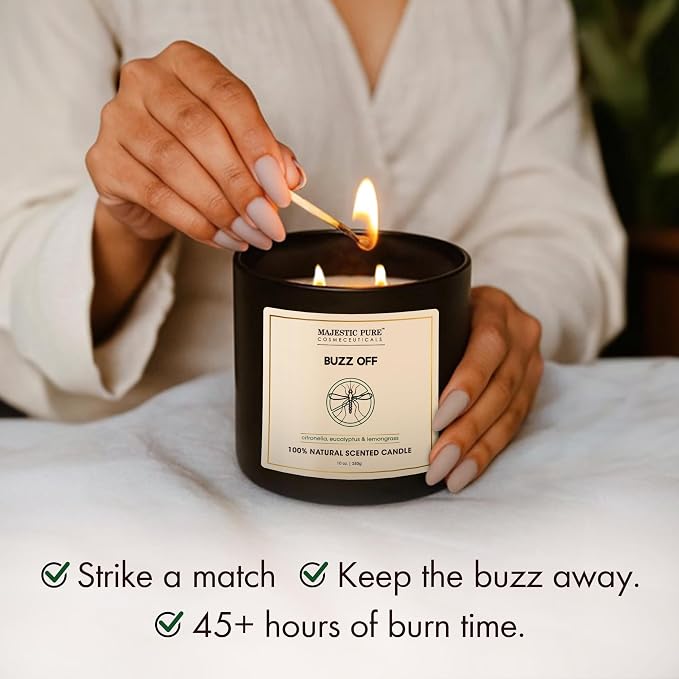 Majestic Pure Citronella Eucalyptus Lemongrass Scented Candle with Upto 45+ Hrs Burn Time, 2-Wick Candle, Soy Wax Blend for Cleaner Burn, 10 oz Jar Candle with Room Filling Fragrance, Buzz