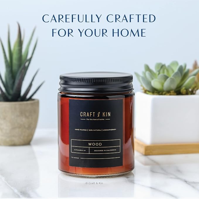 Craft & Kin Premium Wood Scented Candle – Long Lasting, 45 Hour Burn Time – Luxury Natural Soy Scented Candle – Room Decor and Aromatherapy – 8 oz
