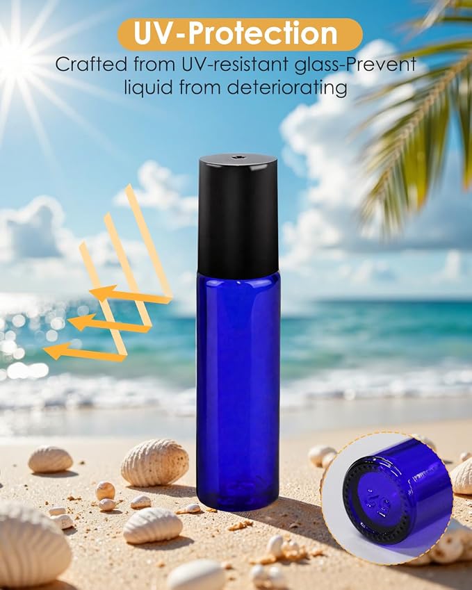 Worldgsb 12 Pack Essential Oil Roller Bottles, 10ml Refillable Glass Roller Bottles with Stainless Steel Roller Balls and Caps for Travel, Perfume and Lip Gloss Blue