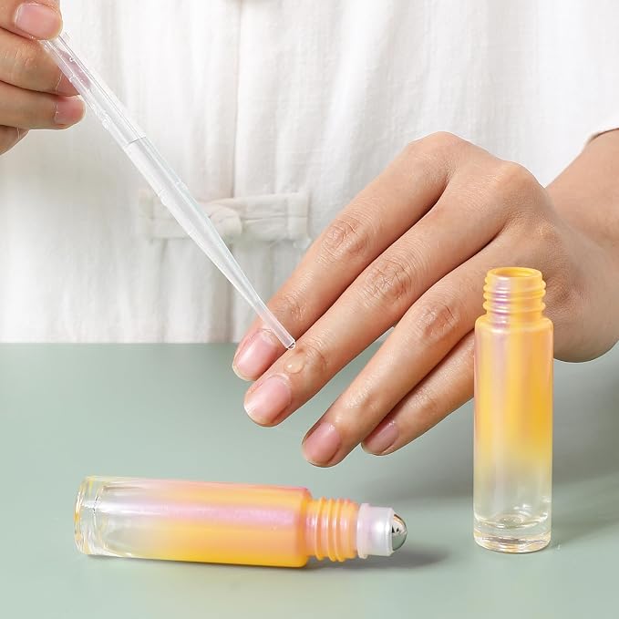 SESENSE Essential Oil Roller Bottles, 10ml Thick Glass Perfume Roller Bottles with Funnel Opener and Dropper Colored Glass Empty Bottles with Stainless Steel Roller Balls (Orange, 12 Pack)