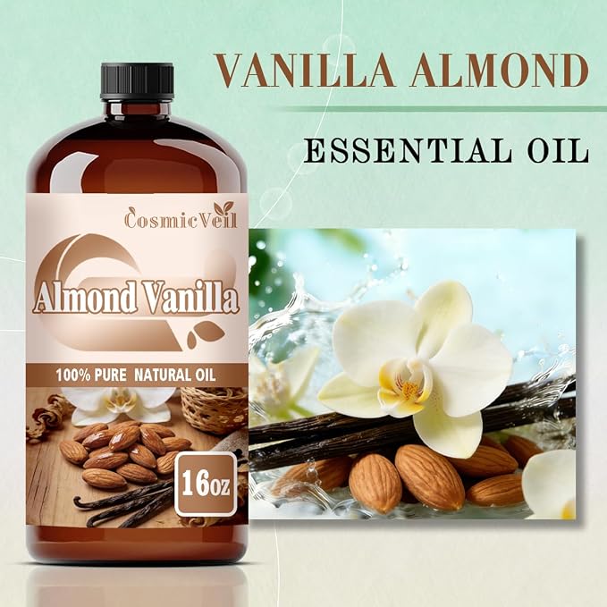 Almond Vanilla Essential Oil Almond Vanilla Oil for Aroma Diffuser,Humidifier,Home Fragrance,Cleaning,Body Care,Massage,Yoga,DIY Candle,DIY Soap CosmicVeil（Almond Vanilla，16 Fl Oz (Pack of 1)）