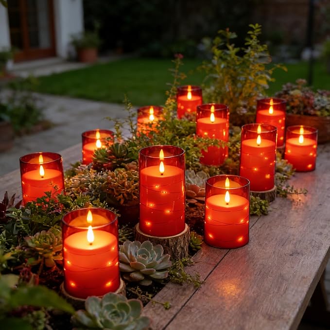 kakoya Flameless LED Candles with Timer 12 Pc Flickering Flameless Candles for Romantic Ambiance and Home Decoration Stable Acrylic Shell,with Embedded Star String，Battery Operated Candles(Red)