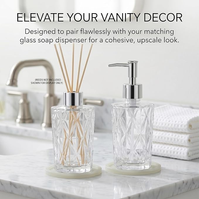 Glass Reed Diffuser Bottle Diamond Jar for Home Aromatherapy, Nightlight Glow Coaster & Cap, Luxury Bathroom Decor, Pairs with Soap Dispenser, 6.8oz Clear（Reeds Not Included）