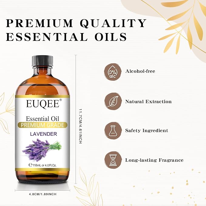 EUQEE Lavender Essential Oil 118mL Lavender Oil Large Capacity Essential Oil with Glass Dropper for Diffuser, DIY Candle - 4Fl. Oz