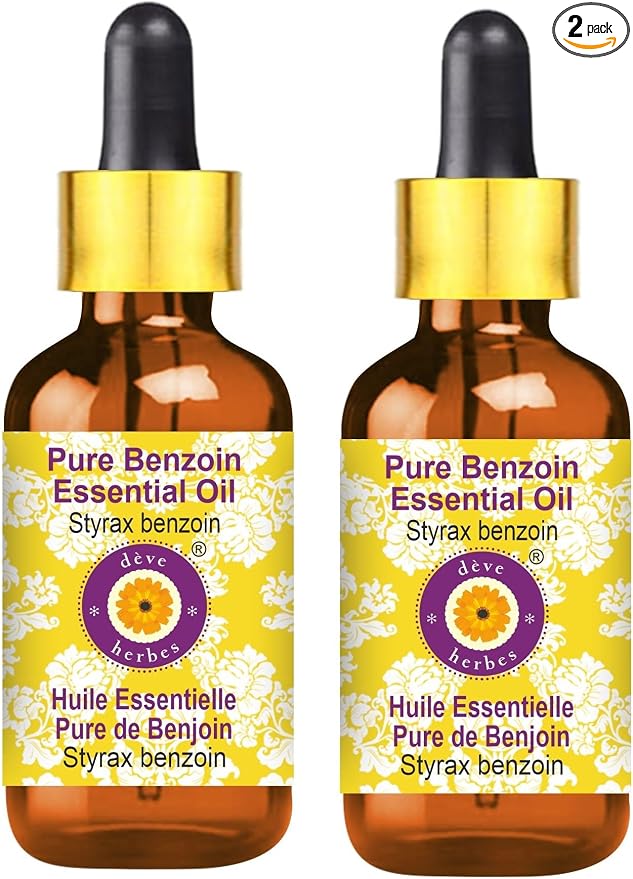 Deve Herbes Pure Benzoin Essential Oil (Styrax Benzoin) with Glass Dropper Natural Therapeutic Grade Steam Distilled (Pack of Two) 100ml X 2 (6.76 oz)