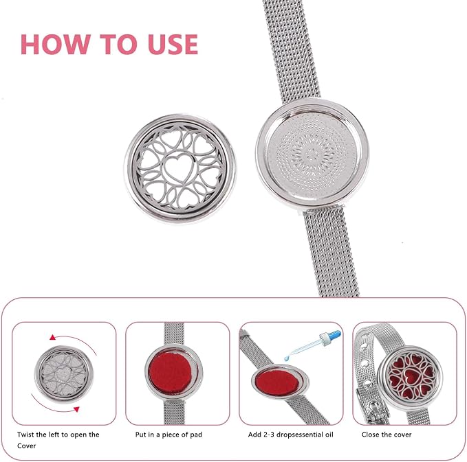 Essential Oil Diffuser Bracelet with Gift Box Aromatherapy Locket Adjustable Stainless Steel Heart Watch Chain Bracelet with 10 Pcs Refill Pads for Women