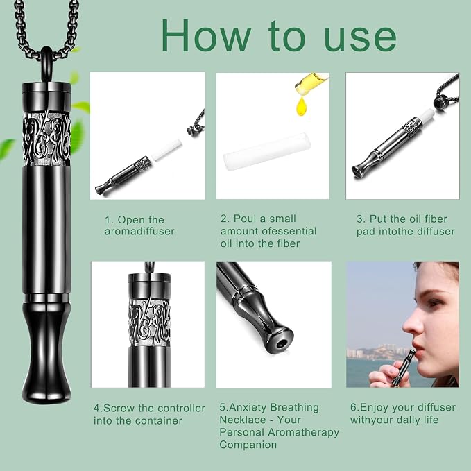 Anxiety Relief Pendant Mindfulness Breathing Necklace - Essential Oil Diffuser & Personal Inhaler Aromatherapy Necklaces for Women & Men (Black)