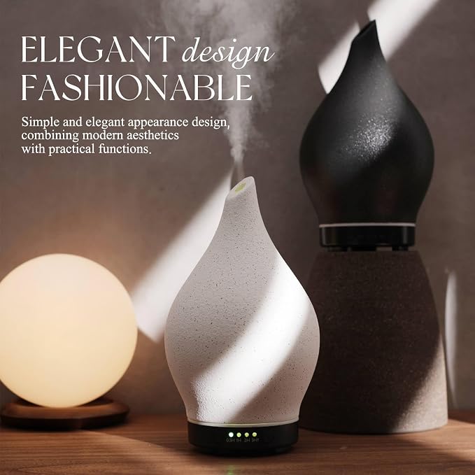 Porseme 150ml Essential Oil Diffuser Ceramic Color Changing Aroma Air Diffusers Aromatherapy Ultrasonic Cool Mist Humidifier 6 Running Hours for Sleeping Yoga Office Spa(White Ceramic, Black Base)