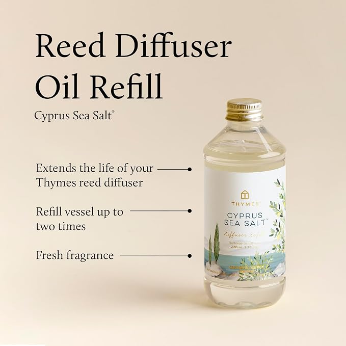 Thymes Reed Diffuser Oil Refill – Fragrance Oil for Diffuser Refill – Flameless Home Fragrance Products – Home Luxury Scents with Notes of Rosemary, Sage, & Amalfi Lemon (Cyprus Sea Salt, 7.75 fl oz)