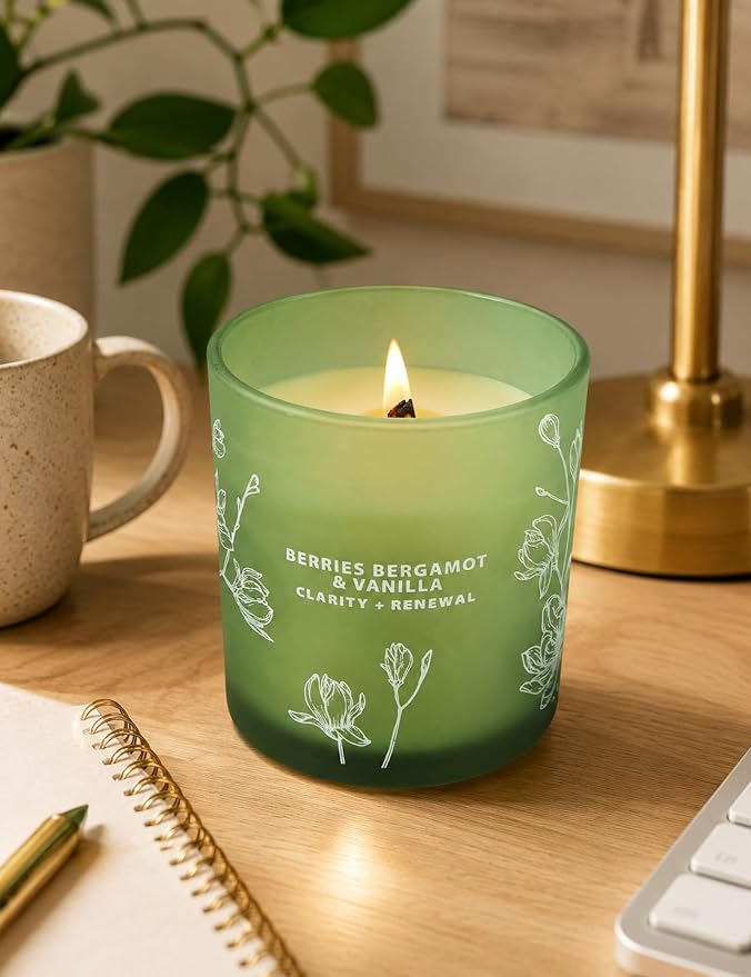Berries Bergamot Vanilla Candle | 10.6oz Wood Wick Soy Scented Candle for Home | Aromatherapy Stress Relief Candle | Clean Burning, Long Lasting Candles | Self Care Gift for Women & Men