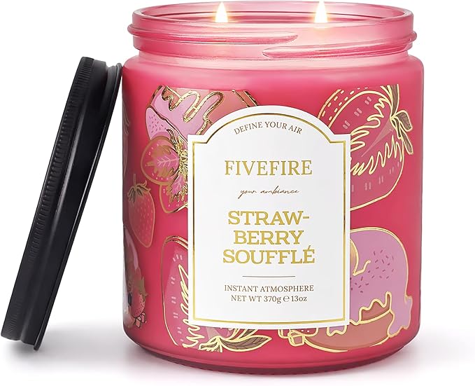 Strawberry Souffle Scented Candles for Living Room, 13oz Natural Soy Wax 2-Wick Jar, Up to 76-Hour Clean Burn, Sweet Creamy Bakery Home Fragrance, Gift for Women Men