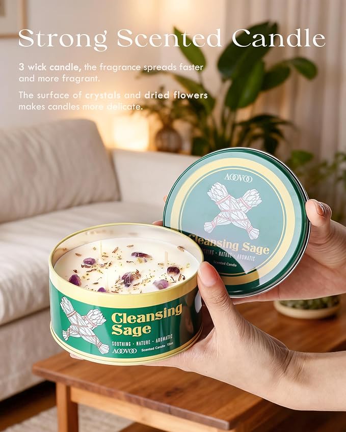AOOVOO 2 Pack Sage Candle for Cleansing - 3 Wick 24oz Large Scented Candle with Crystals & Sage Leaves Inside, Soy Candles Non Toxic for Meditation Spiritual Gift, Aromatherapy Candle for Women Men