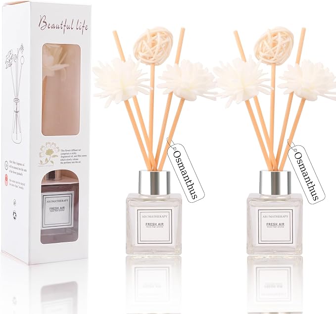 Reed Diffuser Set of 2, Osmanthus Scent Oil Diffuser with Sticks for Home Fragrance, Office Living Bedroom Decor, Bathroom Decor and Accessories, Air Fresheners Gift Set, 1.7 fl oz/50ml x 2