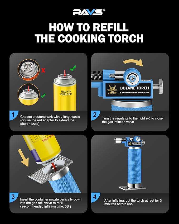 RAVS DUAL Flame Mode Butane Torch, Refillable Kitchen Torch Lighter for Creme Brulee, BBQ, DIY Soldering with Adjustable Flame & Safety Buckle, Metal Body, Blue Soldering Torch, Butane is Not Included