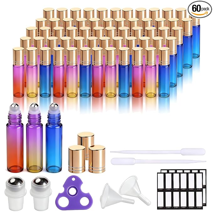 PrettyCare 60 Pack, 10 ml Essential Oil Roller Bottles with Stainless Steel Roller Ball - Bulk Refillable Leak-proof Empty Thick Rainbow Glass Roll on Bottles with Metal Caps for Travel, Perfume