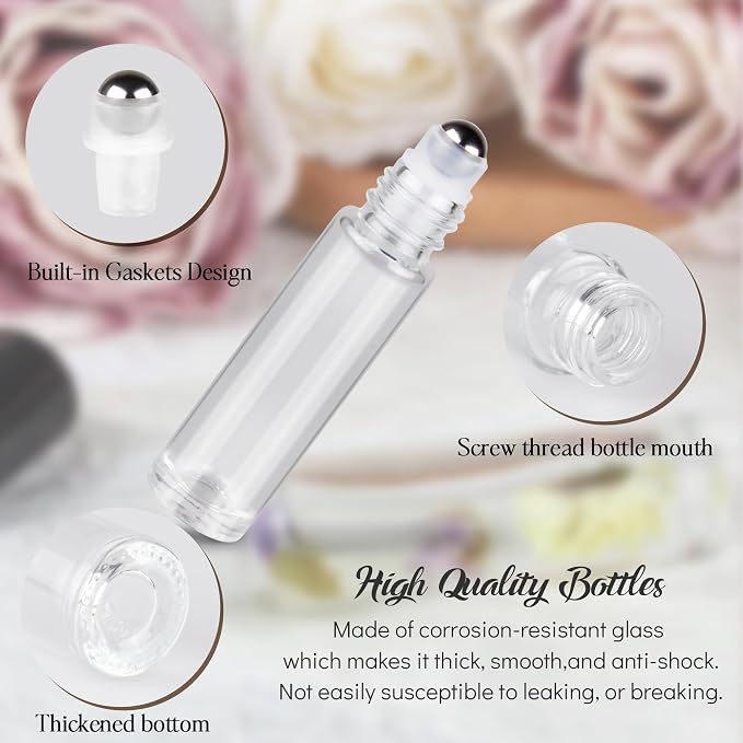 10ml Roller Bottles for Essential Oils, 4 Pack Glass Roll on Bottles, Refillable Perfume Bottle, with Stainless Steel Roller Balls, 2 Droppers, 1 Opener, Labels (Clear)