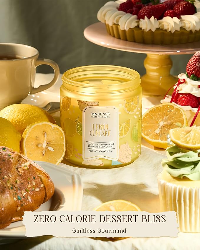 M&SENSE Lemon Vanilla Cupcake Scented Candle, 11.6oz Natural Soy Wax, 70 Hours Long Lasting Clean Burn, Citrus Vanilla Scents for Kitchen Freshness, Candle Gifts for Women Men, Warm Home Decor