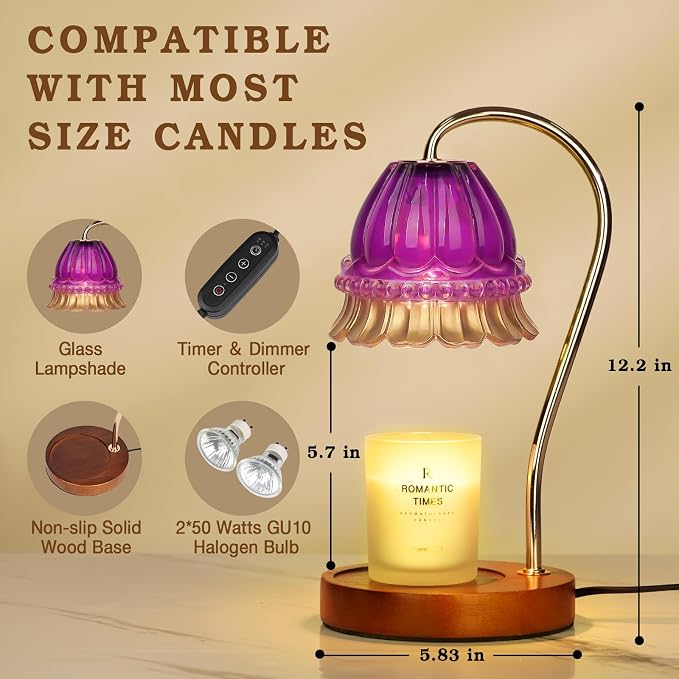 Funistree Flower Candle Warmer Lamp with Timer, Dimmable Candle Lamp Warmer, Christmas Birthday Gifts for Women Mom Her, Housewarming Home Decor, Lotus Wax Warmer for Yankee - Purple Flower 10 Inch