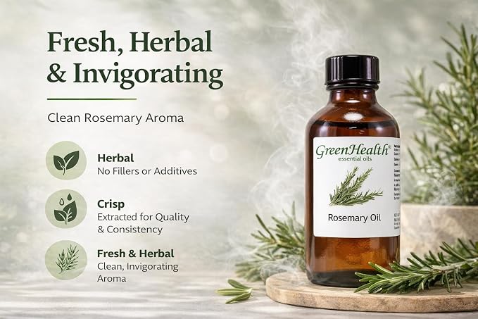 GreenHealth Rosemary Essential Oil 4 fl oz – 100% Pure & Natural – Undiluted Steam Distilled Aromatherapy Oil – Amber Glass Bottle for Diffuser, Candle Making, DIY & Home Fragrance