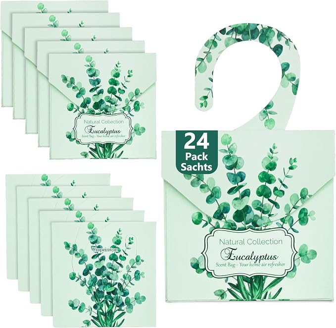 24 Pack Eucalyptus Sachet Bags for Drawers and Closets, Scented Sachets with 10 Hanging Bags Home Fragrance Refreshing Drawer Freshener, Shoes, Cars, Rest Room Deodorizer