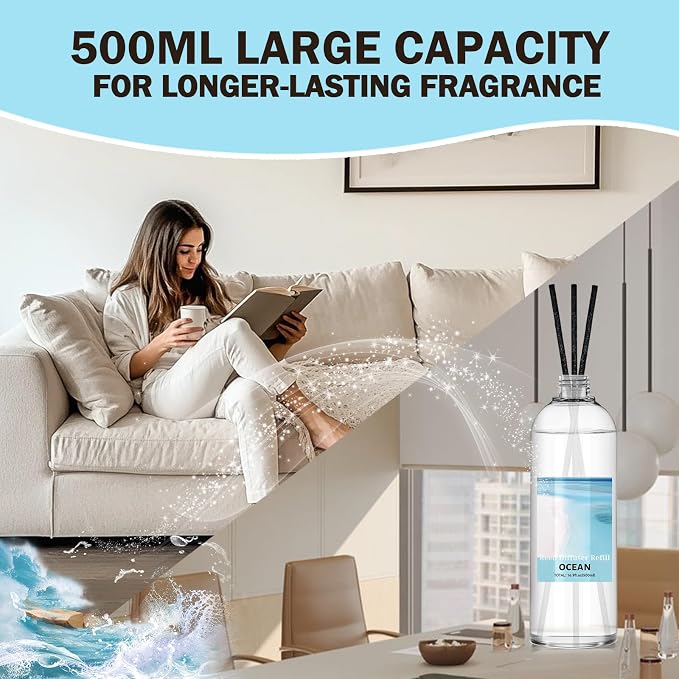 SCENTORINI Reed Diffuser Oil Refill, 16.9oz Ocean Scented Essential Oil with 6 Sticks, Long Lasting Summer Home Fragrance for Large Space, Bathroom, Spa Room Aromatherapy, Hotel, Office Decor