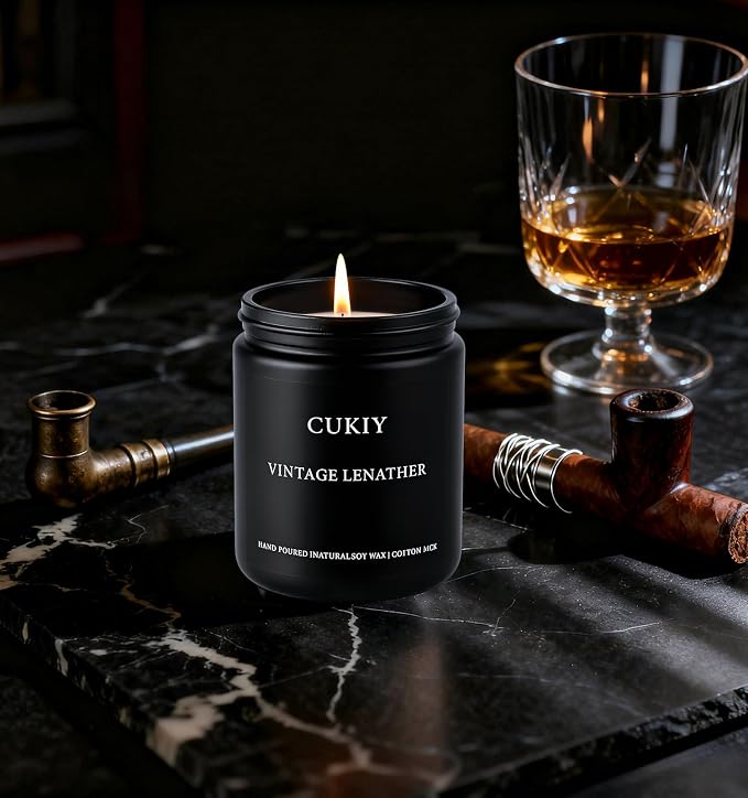 Scented Candle Gift Set, 4 Pack 25oz Soy Wax Candles, Long Lasting Aromatherapy Candles for Home Fragrance, Ideal Gift for Women and Men – Vintage Leather, Caramel Coffee, Rum Oak, Whiskey Tobacco