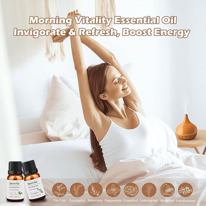 Essential Oils Set Acacia Wood Gift Box - Uplift, Energize, Refresh, Top 8 Aromatherapy Oils for Diffuser Hotel Scent Home Fragrance Candle Making Grapefruit, Peppermint & More 10ml