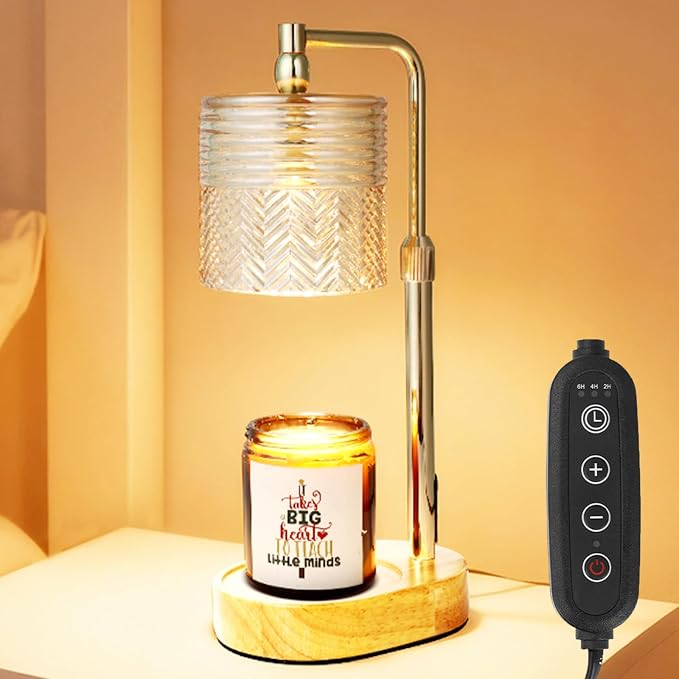Electric Candle Warmer Lamp – 4-Key Control, 9W–45W Dimming, for Bedroom & Office, Satin Gold Amber