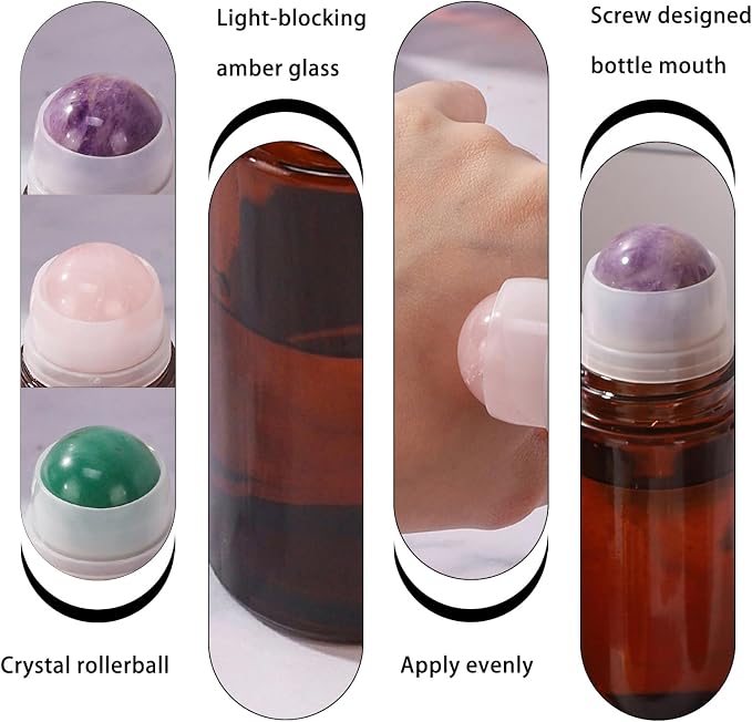 2 pack Large Amber Glass Roll on Bottles for Essential Oils Perfume Refillable Roller Ball Applicator Empty Deodorant Containers with Purple Crystal Rollerball