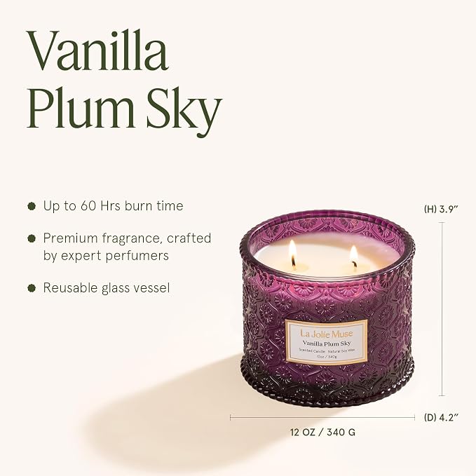 LA JOLIE MUSE Vanilla Plum Sky Scented Candles for Home, Soy Wax, 2-Wick | Large Jar Luxury Candle, Natural Clean Non Toxic, Gifts for Women & Men, Decorative Purple Candles for Candle Warmer,12 oz