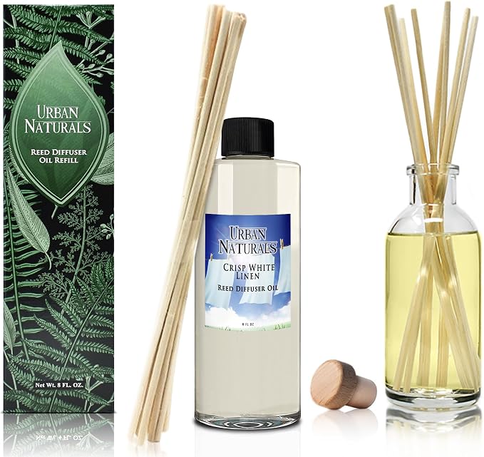 Urban Naturals Reed Diffuser Oil Refill Crisp White Linen with Fresh Linen, Clean Breeze, Soft Cotton 8 oz + Free Reed Sticks, Made in the USA