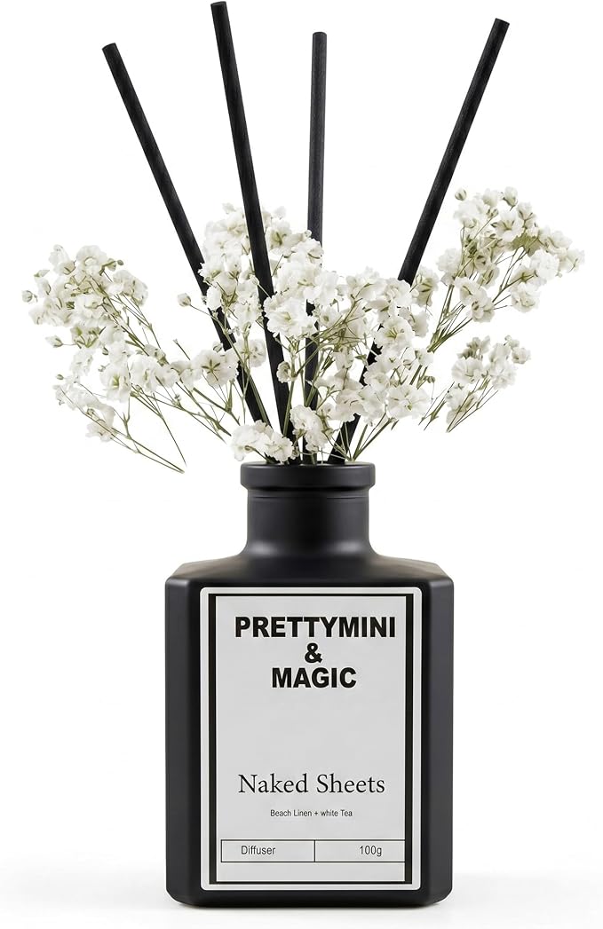PRETTYMINI & MAGIC Reed Diffuser Set – Beach Linen + White Tea Home Fragrance, Long-Lasting Reed Diffusers for Home Fragrance with Sticks for Bedroom, Bathroom & Shelf Décor – 100g