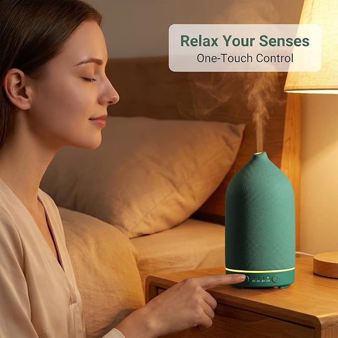 Gooamp 200ML Ceramic Essential Oil Diffuser - Ultrasonic Aromatherapy & Humidifier with 7-Color LED Lights, Auto Shut-Off, Green, 1H/3H/6H Timer | Scent for Home, Office, Yoga