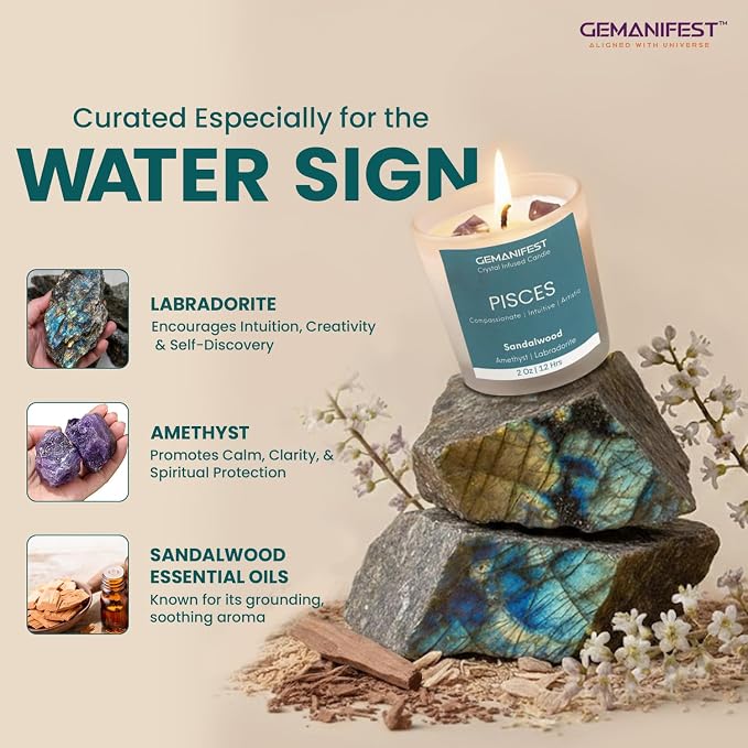 Pisces Zodiac Candle Gifts for Women and Men Sandalwood Crystal Candles for Manifestation Zodiac Crystal Candle with Bracelet and Healing Crystals Pisces Birthday Gifts