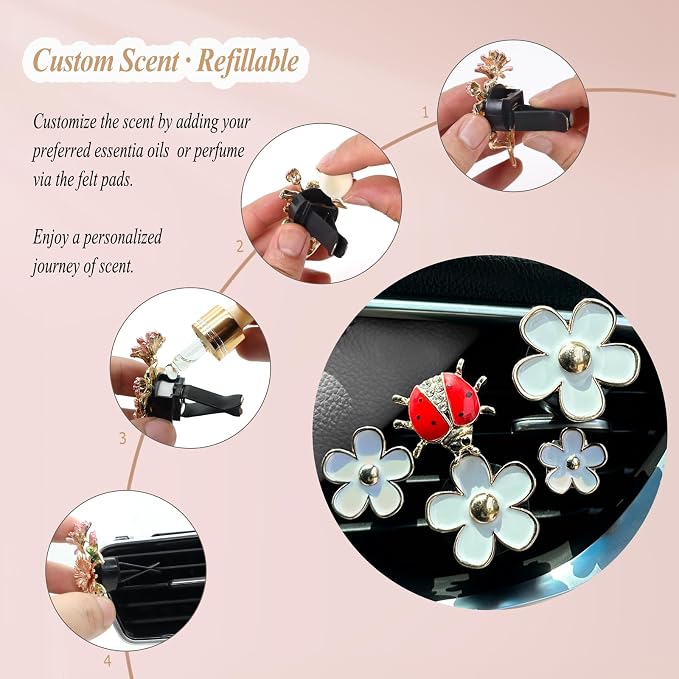 ORIESSE 5pcs Flowers Ladybug Air Vent Clips Car Accessories Set 2pcs White Daisy Flower Car Air Freshener Vent Clips 3pcs Vent Decoration Interior Aesthetic Clips Refillable Diffuser