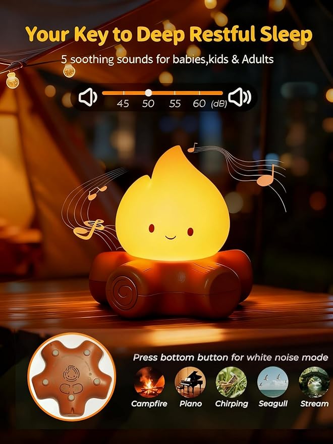 Campfire Night Light, Portable Flame Lamp with White Noise, Cute Silicone Flameless Candle Lights,Suitable for Kids lamp Bedroom, Indoor/Outdoor and Home Decoration