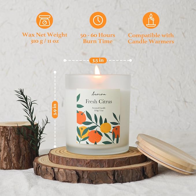 Fresh Citrus Scented Candle, 11oz 60 Hour Burn, Natural Soy Wax with Thick Cotton Wick, Highly Scented Aromatherapy Candle for Stress Relief & Meditation, Gifts for Women & Men
