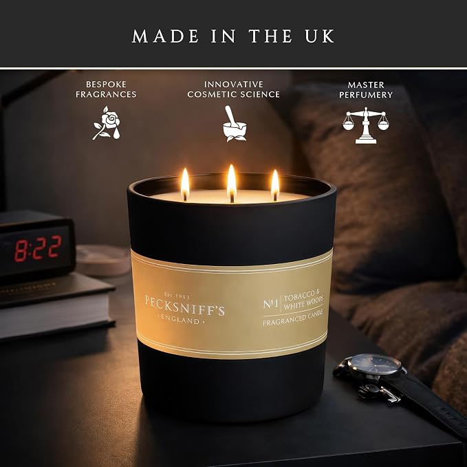 Pecksniff's Black Luxurious 3-Wick Tobacco & White Wood Scented Candle – 18.1 Oz/515g – with Metal Lid Relaxation and Elevated Home Ambiance