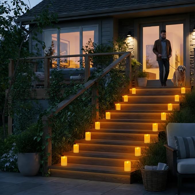 Outdoor Flameless Candles, Patented 3D Dual-LED, Set of 2 Slanted Plastic Pillars with Remote, Waterproof Non-Melting Battery Operated Decor for Bathroom Bedroom Gift, Ivory (D3 x H6)