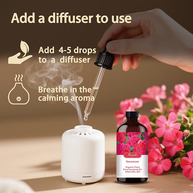 Geranium Essential Oi, Geranium Oil for Skin Care, Diffuser, Humidifier, Massage, DIY Soap, Candle, Yoga, Gift Ready,Geranium Fragrance Oil - MLYNKL Essential Oils (4.33 fl oz / 130ml)