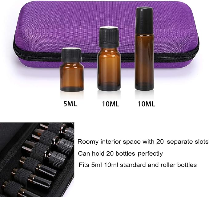 Hipiwe EVA Essential Oils Carrying Case Organizer for 20 Bottles 5ml & 10ml Standard & Rollers Bottles Portable Hard Shell Travel Bag Holder for Essential Oils Storage (Purple)