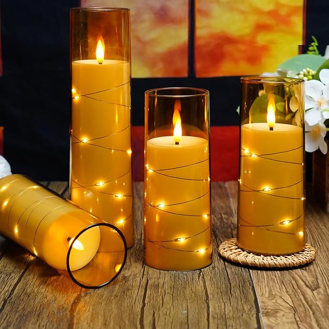kakoya Flameless LED Candles with Timer 5 Pc Flickering Flameless Candles for Romantic Ambiance and Home Decoration Stable Acrylic Shell,with Embedded Star String，Battery Operated Candles（Gold）