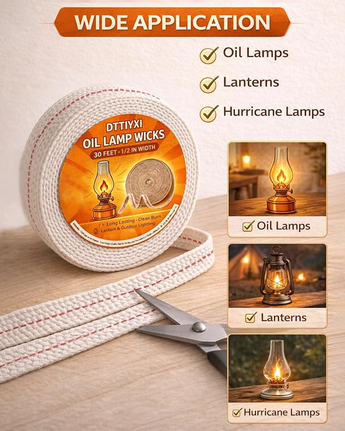 Oil Lamp Wicks, 1/2 Inch x 30 Ft, Flat Cotton Lantern Wick for Oil Lamps