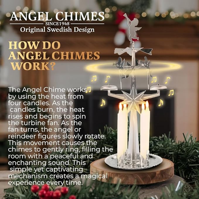 Original Swedish Angel Chimes and 4 Candles - Spinning Festive Chimes - Silver Color