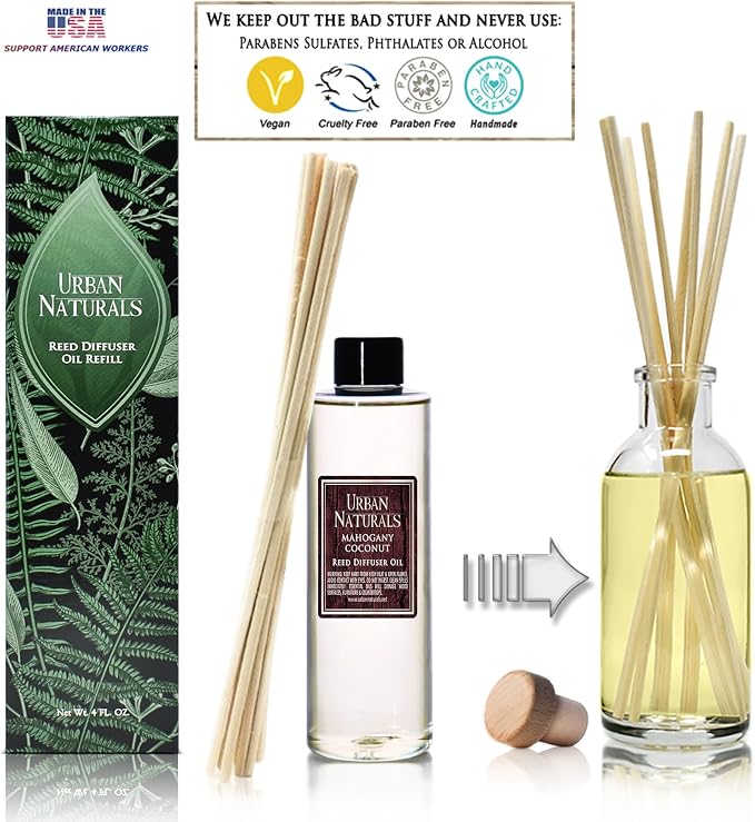 Urban Naturals Reed Diffuser Oil Refill, Mahogany Coconut Diffuser Oils with Sandalwood, Coconut, Oakmoss, 4 oz + Free Reed Sticks, Made in the USA