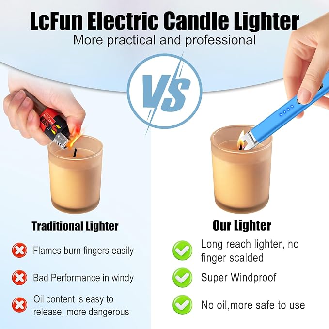 LcFun 2 Pack Blue Candle Lighter Electric USB Rechargeable Plasma Arc Lighter with Safety Lock, Windproof Flameless Long Lighters for Candle, Grill, BBQ, Camping, Gas Stoves