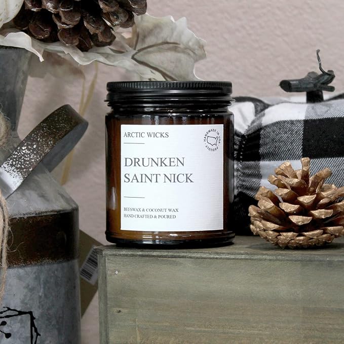 Arctic Wicks Scented Coconut Beeswax Candles | Coconut Beeswax Non Toxic Candle 9oz Amber | Farmhouse Candles Non-Toxic Clean Burn 100% USDA Certified Biobased (Drunken Saint Nick)